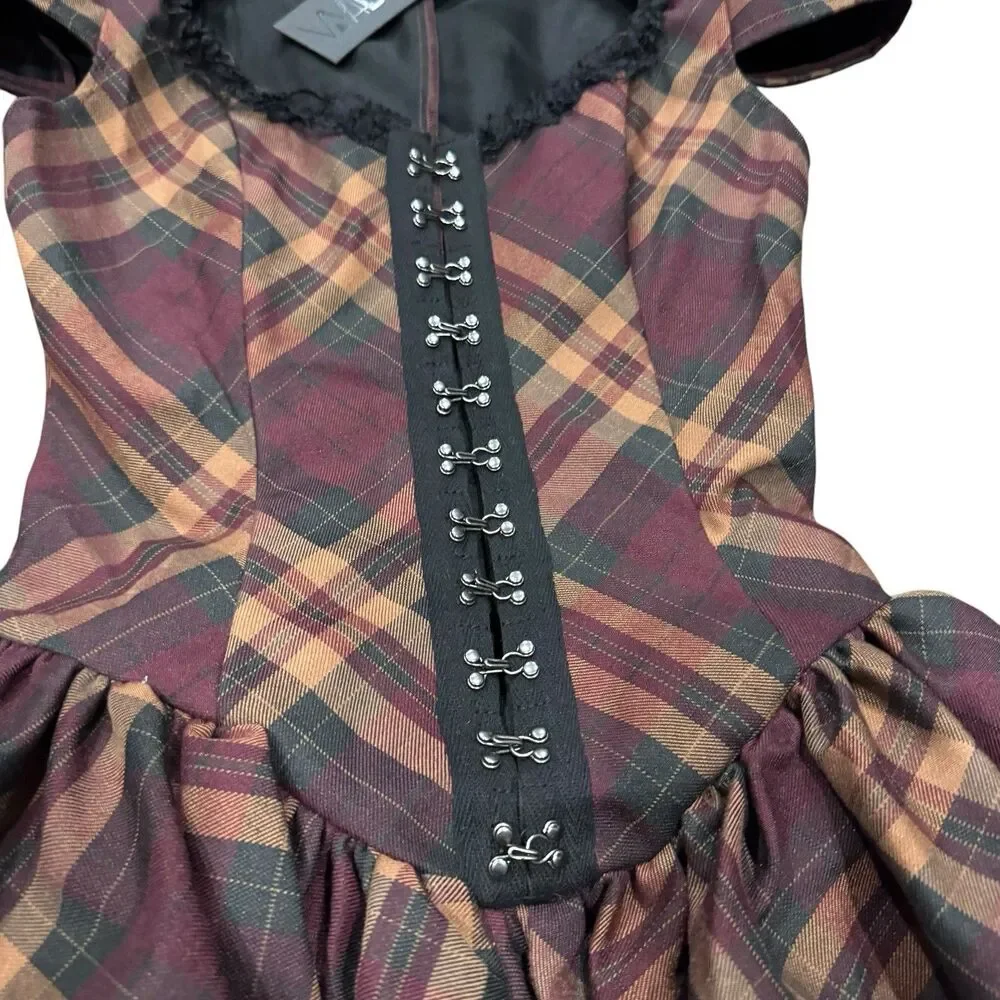 Widow Corset Mini Dress XXS Burgundy Plaid Hook & Eye Goth Punk Alt NWT - Picture 3 of 13